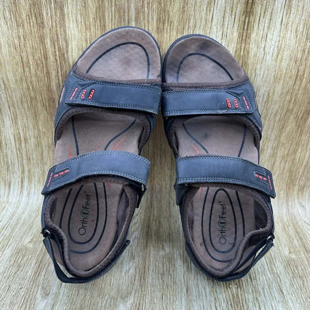 Orthofeet 561 Sandal Mens 11 2E Wide Black Brown Adjustable Strap Orthopedic